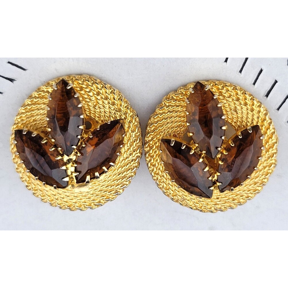 MCM Vintage Amber Yellow Rhinestone Gold Tone Coin Clip 1" Earrings